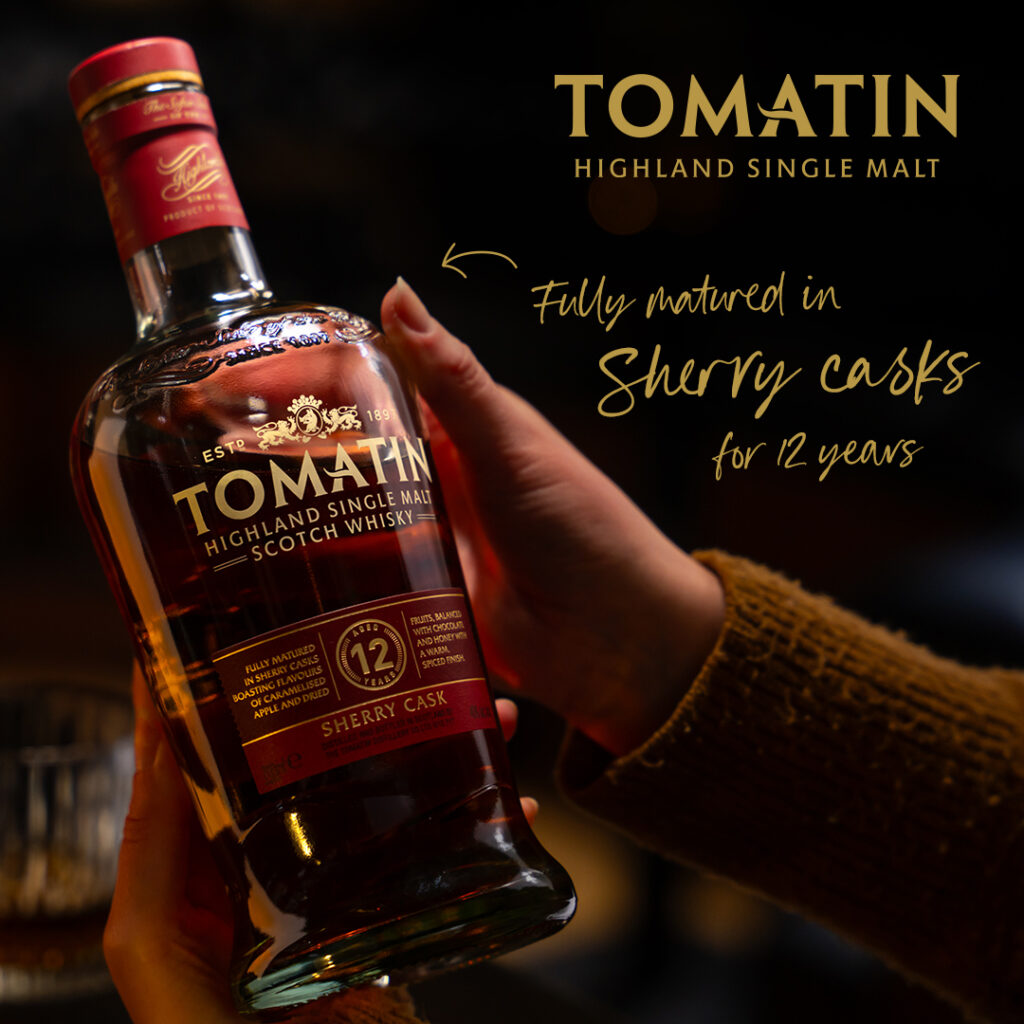 A bottle of Tomatin 12 Year Old Sherry Cask