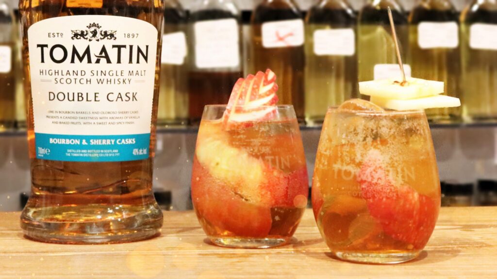 tomatin double cask with 2 cocktail glasses.