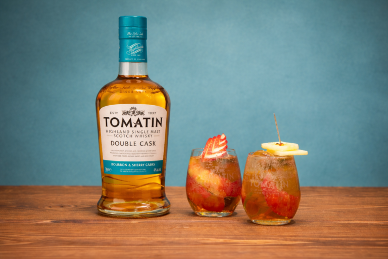 tomatin double cask with 2 cocktail glasses